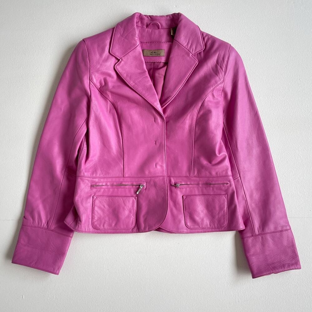 Vtg Y2K I.E. Pink Buttery Leather Collared Fitted Jacket / Petite Small Minimal